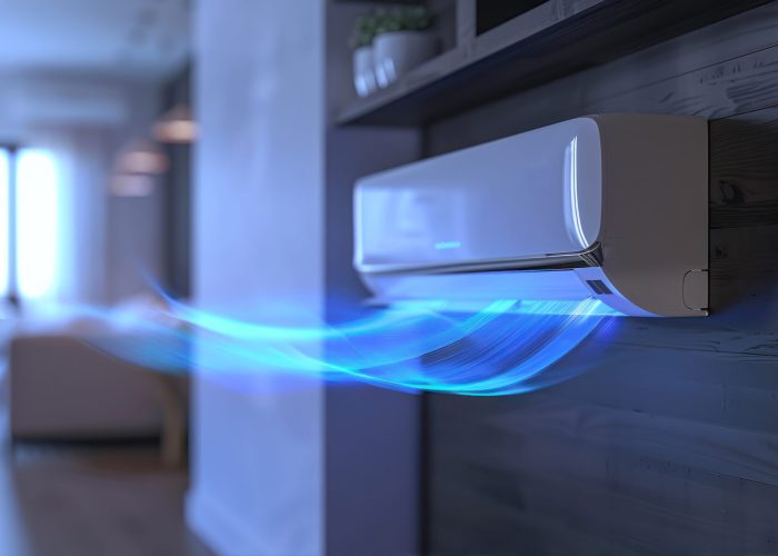 Air conditioner with blue light in the room.